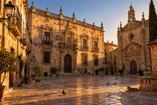 Menschenleere Plaza in Úbeda im warmen Abendlicht, honigfarbene Renaissance-Fassade mit Balustrade, daneben eine Kirche mit Glockenturm, eine Taube und ein ruhender Hund auf dem Kopfsteinpflaster