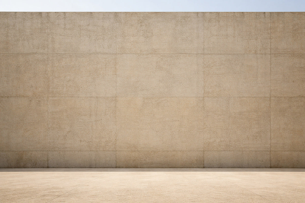 Massive, frontal aufgenommene Beton- bzw. Steinwand im hohen Mittagslicht, flächig und nahezu schattenlos. Die Oberfläche wirkt matt und leicht ausgewaschen, Hitze ist spürbar.