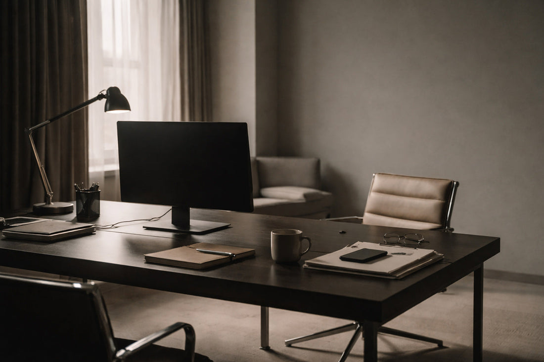 Ein leerer, moderner Arbeitsraum im Stil reduzierter Luxusästhetik. Ein dunkler, schlichter Schreibtisch mit Bildschirm, Notizbuch, Kaffeetasse und Papieren steht im Mittelpunkt. Daneben ein eleganter Stuhl.