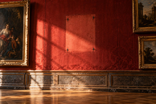 Leere Wand in einem historischen Museumssaal mit vier eisernen Haken und einem helleren Rechteck, wo einst ein Gemälde hing.