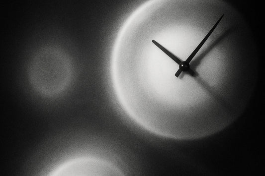 Schwarz-weißes, abstraktes Foto mit drei kreisförmigen Lichtzonen, in denen schattenhafte Uhrzeiger schweben; die weichen Ränder, das filmische Korn und das Zusammenspiel aus Licht und Dunkelheit