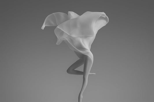 Schwarz-weißes, minimalistisches Bild einer skulpturalen, beinähnlichen Form, über der ein transparenter, fließender Stoff schwebt; weiche Lichtführung, klare Prada-Ästhetik