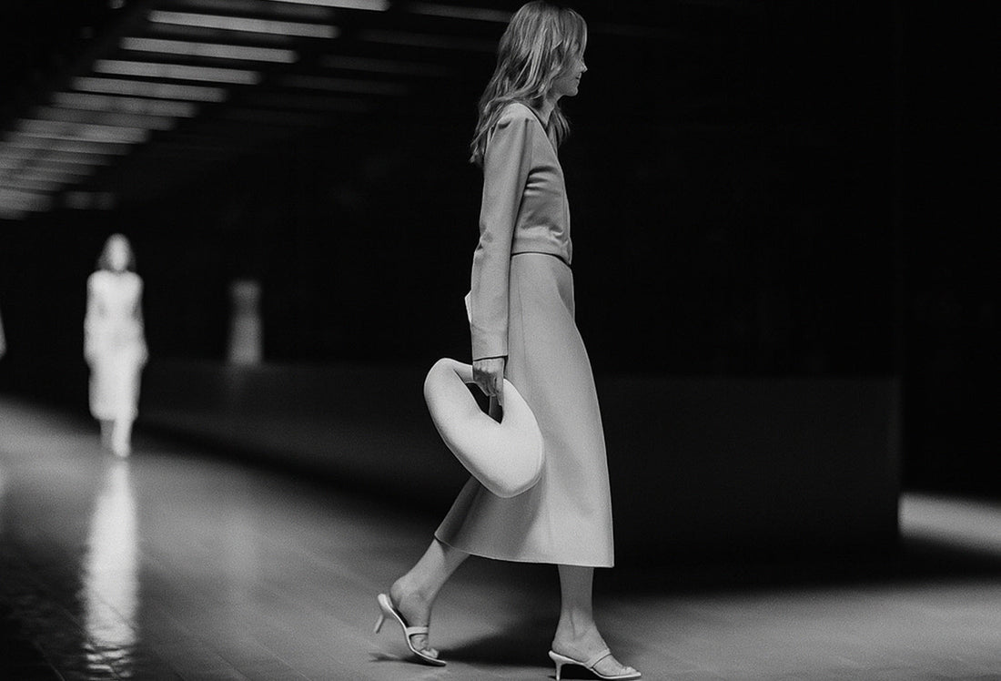 „Schwarz-weißes, minimalistisches Runway-Bild: Eine Modell-Silhouette schreitet seitlich durchs Licht, getragen von reflektierendem Boden und rhythmischen Deckenlinien;