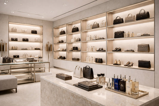 Helles Interieur eines dekadenten Luxusgeschäfts am Vormittag. Oberste Regale zeigen anonym wirkende Handtaschen, Schuhe und Parfumflakons in gleichmäßiger Reihung.