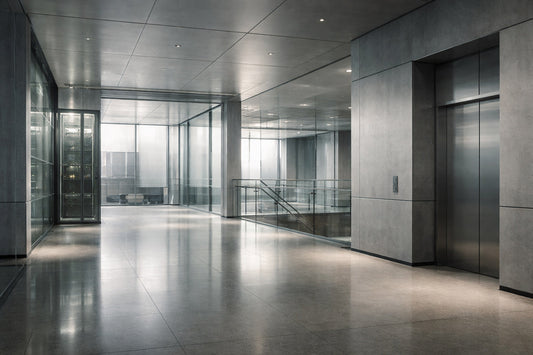 Leerer, technischer Innenraum in luxuriöser Architektur mit Beton, Glas und Metall. Diffuses, neutrales Nachmittagslicht fällt auf offene Flächen und glatte Oberflächen. Keine Menschen, keine Bewegung.