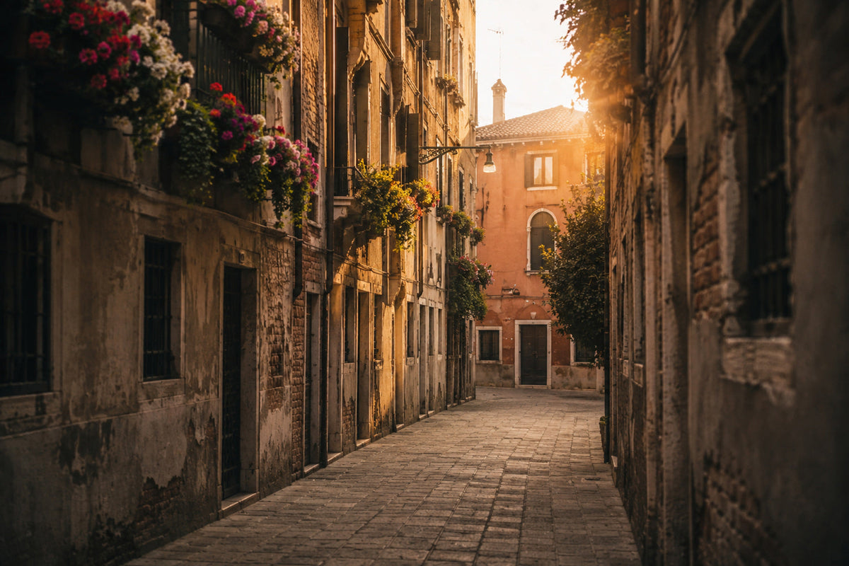 Leere venezianische Gasse im Abendlicht — alte Steinfassaden, Blumenkästen an den Fenstern, warmes goldenes Gegenlicht am Ende der Gasse