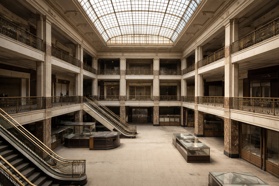Leere Kaufhaushalle aus den frühen 1920er-Jahren mit mehreren Ebenen und offenen Galerien. Sachliches Mittagslicht fällt flächig in den Raum, gealterte Materialien und architektonische Details sind sichtbar.
