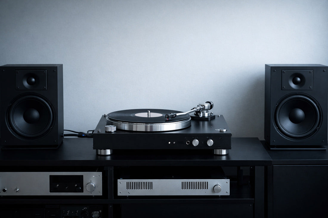Minimalistisches High-End-Audio-Setup mit schwarzem Plattenspieler und zwei Lautsprechern auf symmetrischem Lowboard, kühl beleuchtet, ohne Bewegung oder Inszenierung.