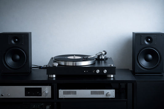 Minimalistisches High-End-Audio-Setup mit schwarzem Plattenspieler und zwei Lautsprechern auf symmetrischem Lowboard, kühl beleuchtet, ohne Bewegung oder Inszenierung.