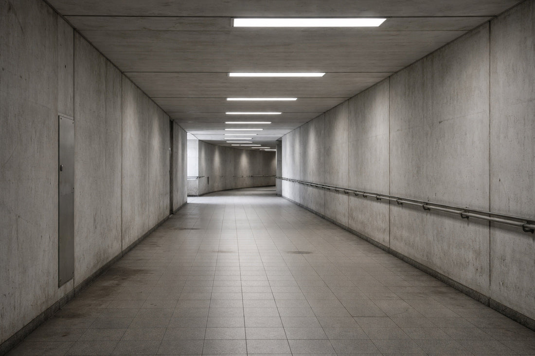 Leerer, funktionaler Durchgangsraum aus Beton mit neutralem Tageslicht, gleichmäßig beleuchtet, ohne Personen. Der Blick folgt dem Gang in Laufrichtung, der ohne sichtbaren Endpunkt leicht abknickt.