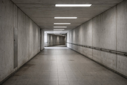 Leerer, funktionaler Durchgangsraum aus Beton mit neutralem Tageslicht, gleichmäßig beleuchtet, ohne Personen. Der Blick folgt dem Gang in Laufrichtung, der ohne sichtbaren Endpunkt leicht abknickt.