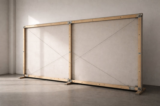 Rückseite einer großformatigen Plakatwand in einem sachlichen Innenraum, Holzrahmen und Befestigungen sichtbar, weiches Streulicht am späten Vormittag, keine Beschriftung, keine Vorderseite erkennbar.