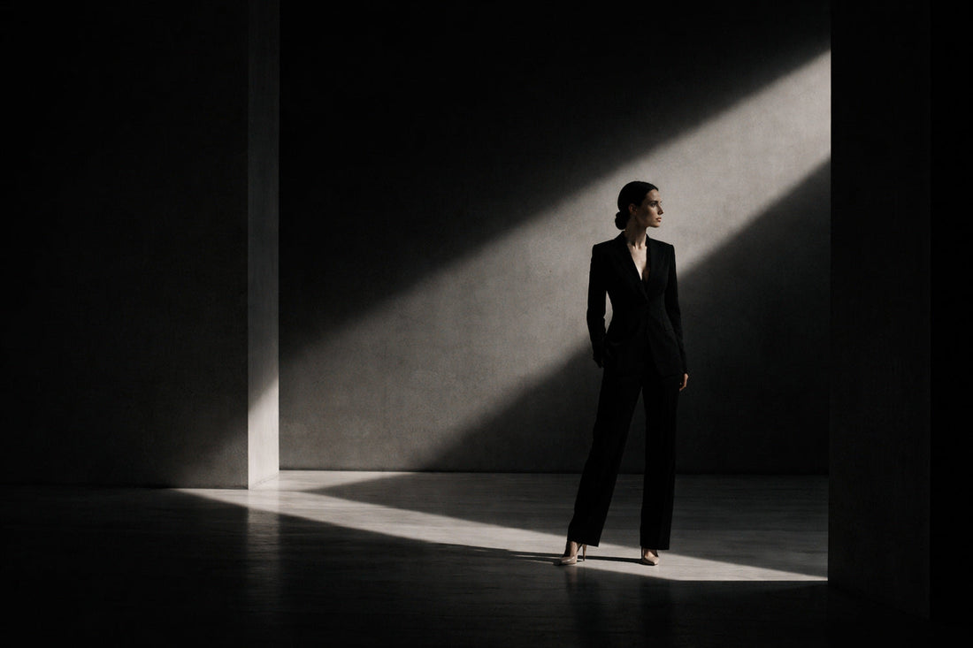 Elegante Frau im schwarzen Anzug steht in einem Lichtstreifen eines dunklen architektonischen Raums