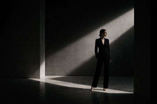 Elegante Frau im schwarzen Anzug steht in einem Lichtstreifen eines dunklen architektonischen Raums