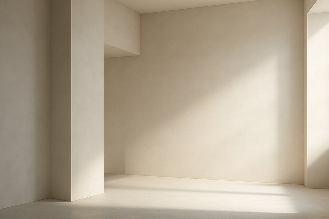 Abstrakter, lichtdurchfluteter Raum in warmen Beige- und Cremetönen; minimalistische Architektur mit klaren Kanten, sanften Schatten und ruhiger Tiefe, ohne Personen oder Objekte.