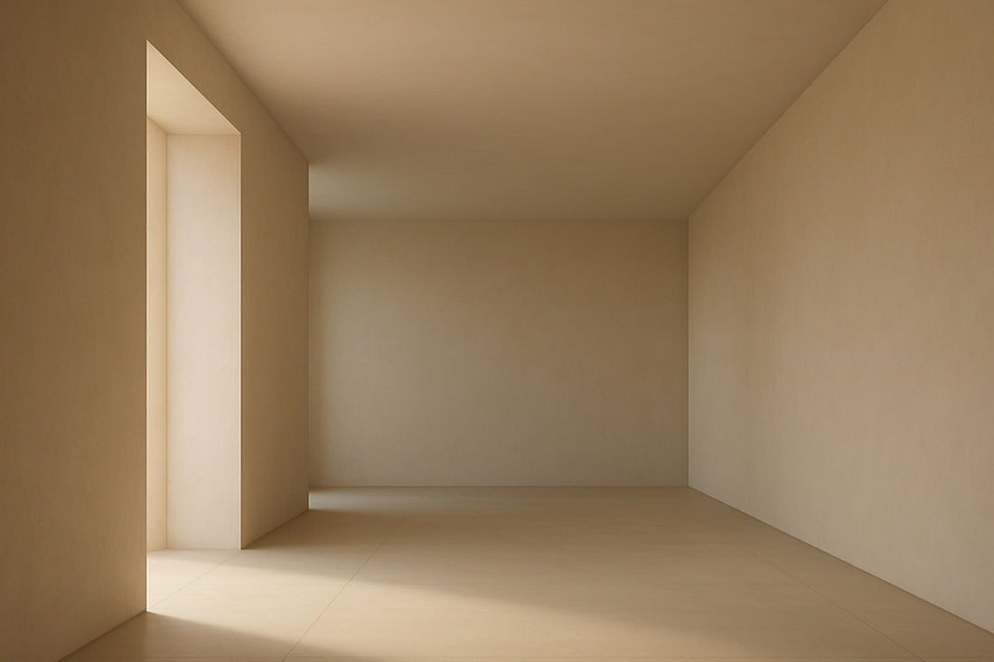 Heller, minimalistischer Innenraum in warmen Beige-Tönen; sanftes Tageslicht fällt durch eine seitliche Öffnung und erzeugt ruhige Schatten auf Boden und Wänden, ohne sichtbares Ziel oder Bewegung.