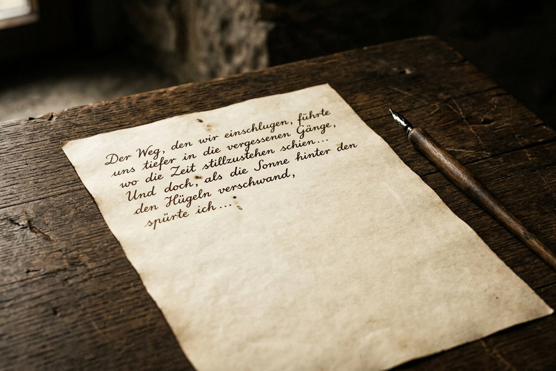 Handgeschriebener Text auf vergilbtem Papier, der mitten im Satz abbricht — auf einem dunklen Holztisch, daneben eine ruhende Feder.