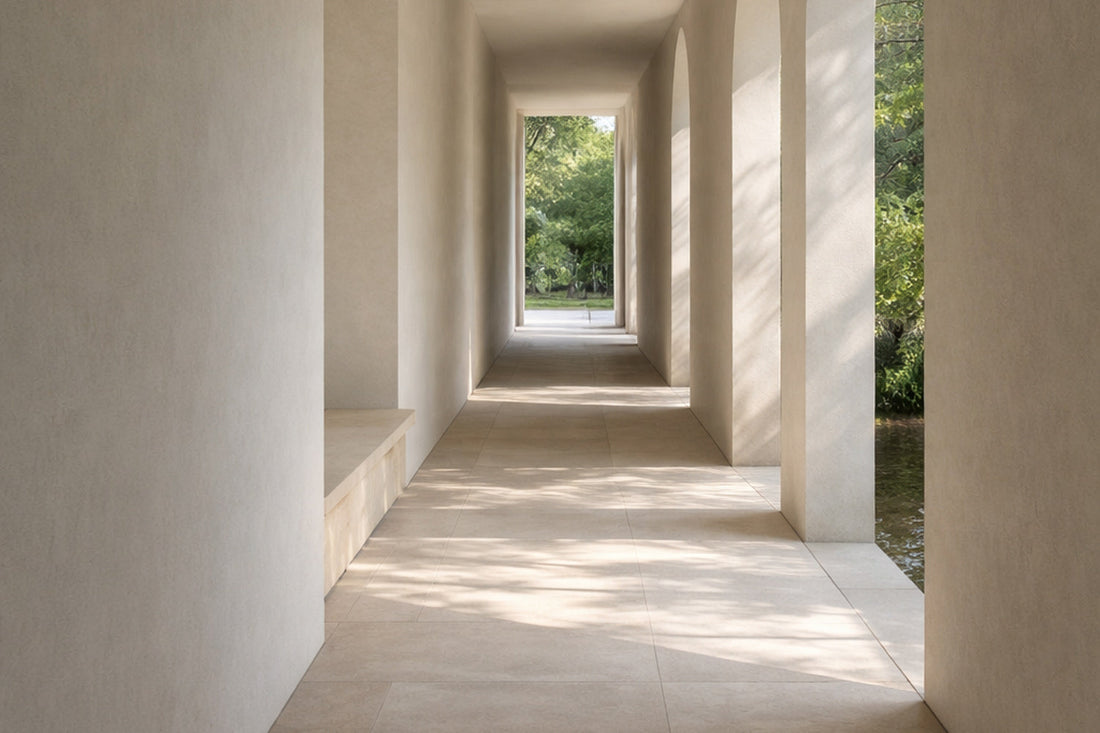 Heller, minimalistischer Übergangsgang mit sanftem Tageslicht, cremefarbenen Wänden und Bögen, die in einen offenen Außenraum führen; ruhige Architektur ohne Zielpunkt, geprägt von Licht und Schatten