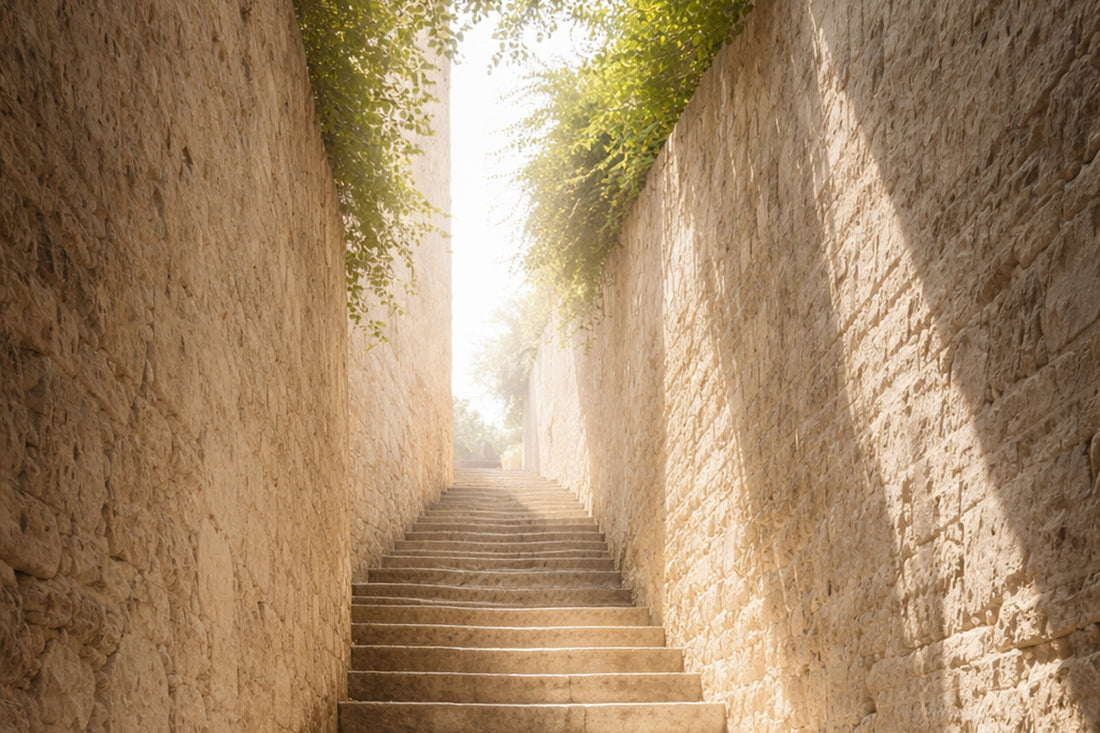 Eine steinerne Treppe führt nach oben zwischen hellen Mauern. Warmes Sonnenlicht fällt von oben auf die Stufen und lässt den Weg offen und einladend wirken.