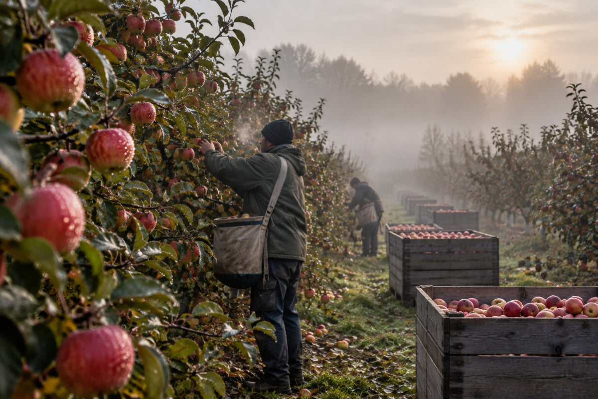 Nebliger Oktobermorgen in einer Apfelplantage, dicht behangene Bäume mit rotgestreiften Braeburn-Äpfeln, ein Erntehelfer mit Pflücksack zwischen den Reihen, Holzkisten am Boden im weichen Morgenlicht.