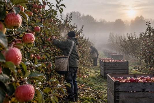 Nebliger Oktobermorgen in einer Apfelplantage, dicht behangene Bäume mit rotgestreiften Braeburn-Äpfeln, ein Erntehelfer mit Pflücksack zwischen den Reihen, Holzkisten am Boden im weichen Morgenlicht.