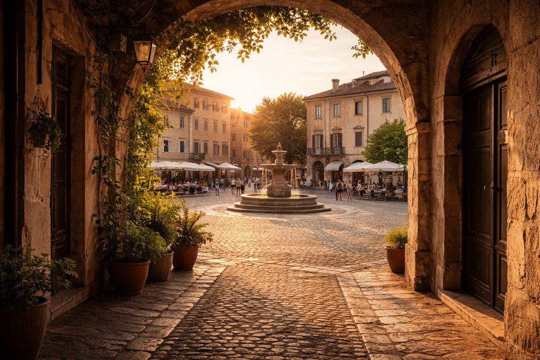 Blick aus einer schmalen, steinernen Gasse auf einen sonnigen historischen Platz im Spätnachmittagslicht, mit Brunnen, alten Fassaden und ruhiger Atmosphäre.