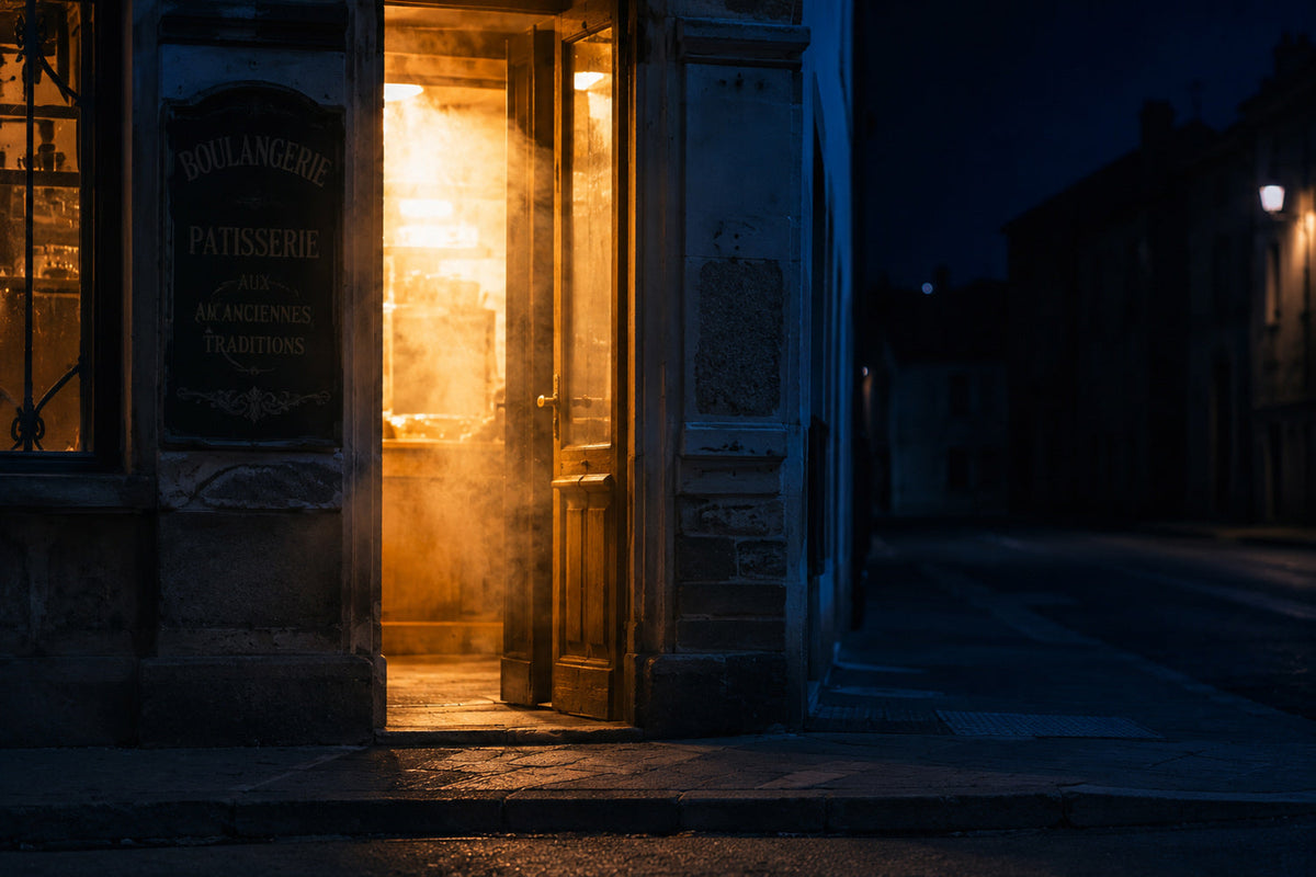 Beleuchtete Backstuben-Seitentür bei Nacht, warmes Licht und Dampf dringen nach draußen, dunkle leere Straße