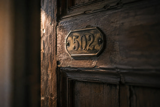 Messingschild mit der Zahl 502 an einer alten Holztür – Sinnbild für Herkunft, die sich hinter einer einzelnen Ziffer verbirgt.