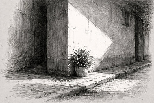 Schwarz-weiße Bleistiftzeichnung eines einzelnen Gebäudewinkels mit scharfer Lichtkante und tiefem Schatten, reduzierte Architektur, viel Weißraum, ruhig und kontrolliert.