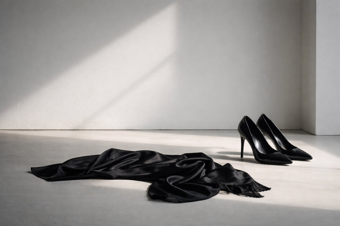 Minimalistische Szene mit schwarzem Seidentuch und eleganten Pumps auf hellem Boden, seitliches Spätnachmittagslicht erzeugt lange Schatten, ruhig, reduziert, luxuriös.