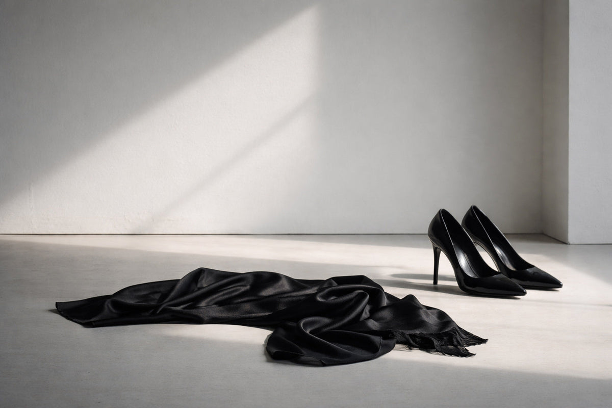 Minimalistische Szene mit schwarzem Seidentuch und eleganten Pumps auf hellem Boden, seitliches Spätnachmittagslicht erzeugt lange Schatten, ruhig, reduziert, luxuriös.