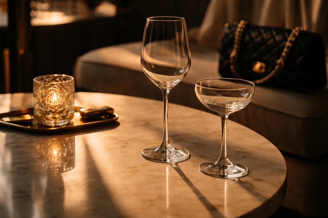 Zwei leere, elegante Gläser auf einem runden Marmortisch, warmes Abendlicht wirft lange Schatten, ruhige luxuriöse Editorial-Szene ohne Menschen.