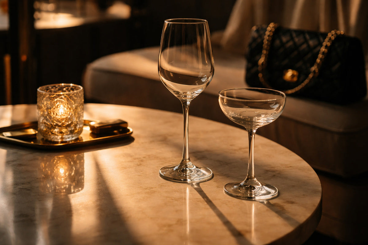 Zwei leere, elegante Gläser auf einem runden Marmortisch, warmes Abendlicht wirft lange Schatten, ruhige luxuriöse Editorial-Szene ohne Menschen.