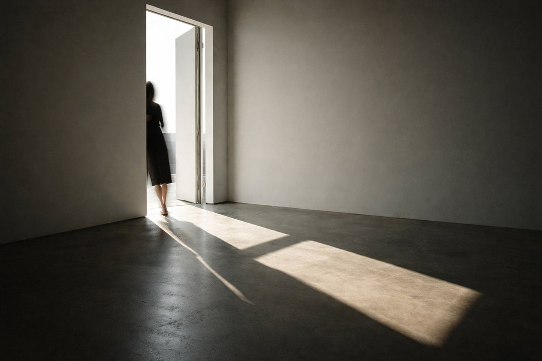 Moderner Innenraum mit starkem Seitenlicht und klaren Schatten, eine menschliche Silhouette nur als Schatten angedeutet, reduzierte und ruhige Atmosphäre.