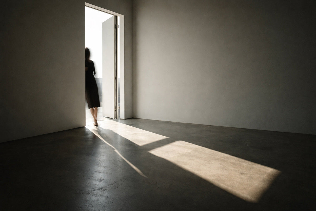 Moderner Innenraum mit starkem Seitenlicht und klaren Schatten, eine menschliche Silhouette nur als Schatten angedeutet, reduzierte und ruhige Atmosphäre.