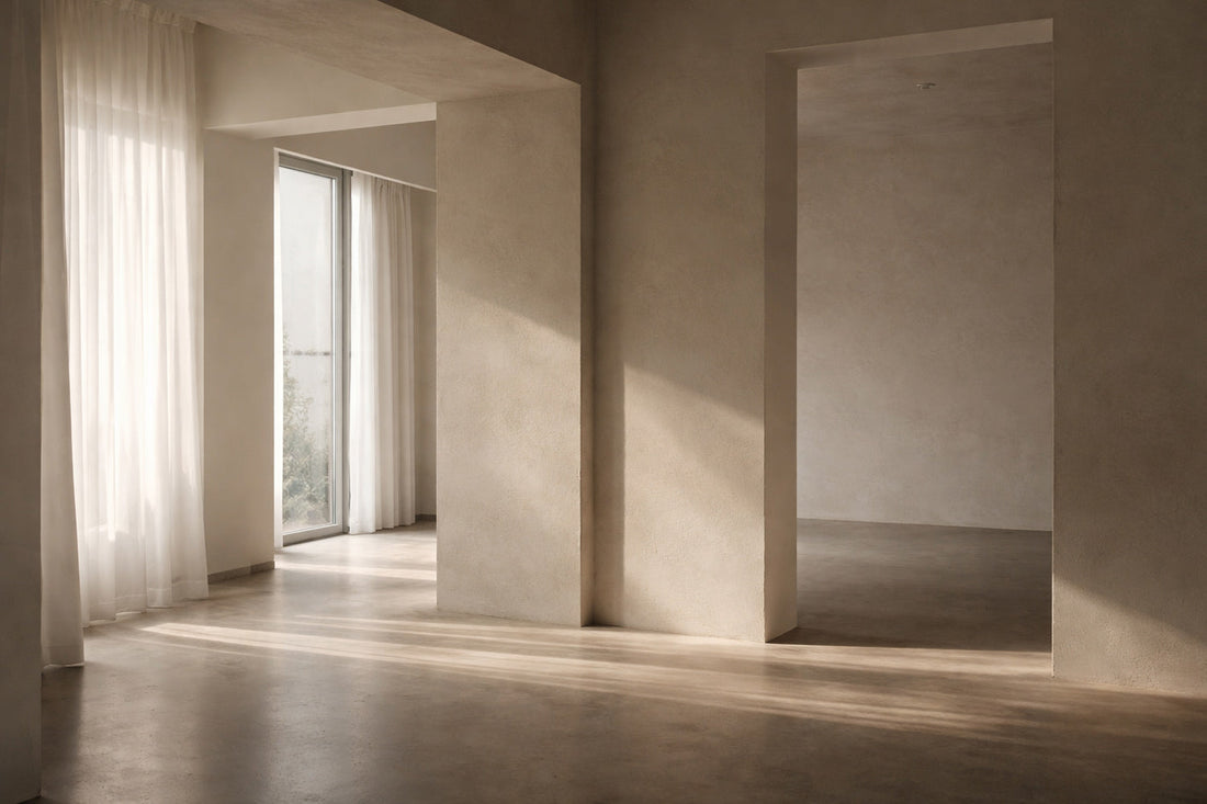 Heller, minimalistischer Raum mit weichem Tageslicht, das durch einen transparenten Vorhang fällt und ruhige Schatten auf einen glatten Boden wirft; offene Durchgänge, klare Linien, keine Möbel, stille Präsenz.