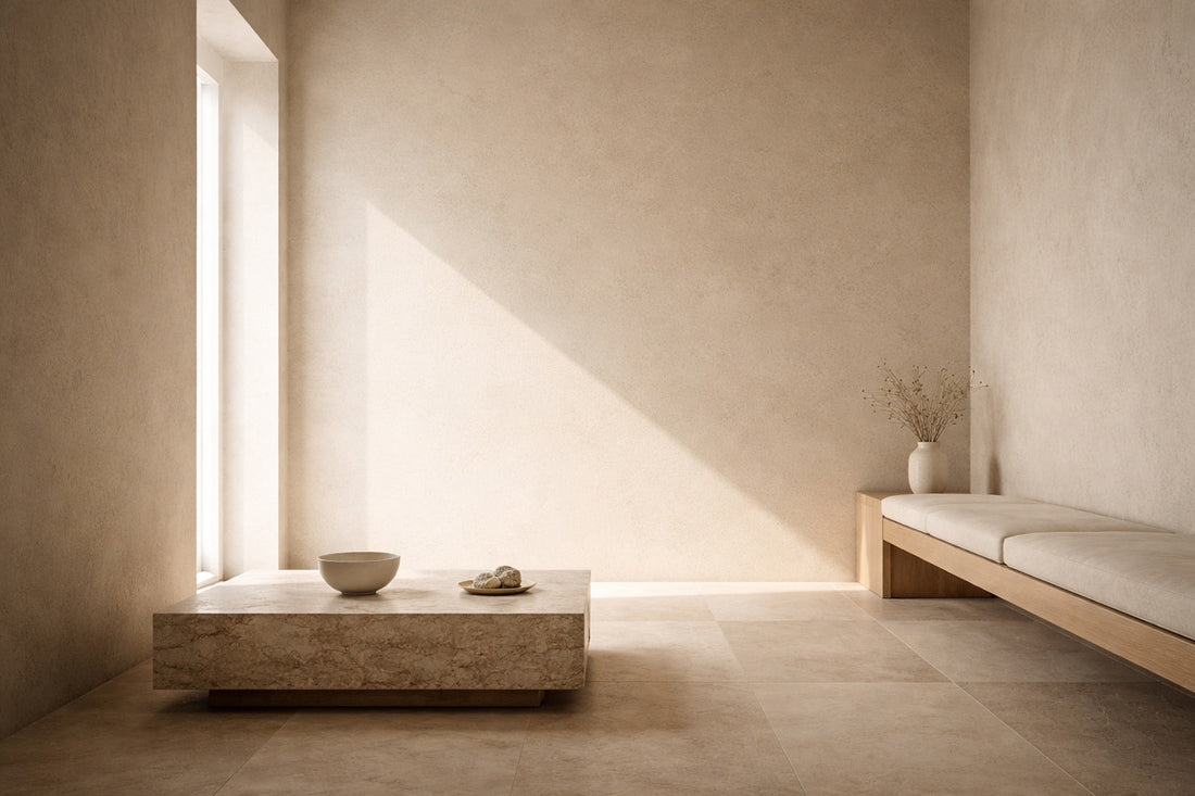 Heller, minimalistischer Innenraum mit warmem Kalkputz, sandfarbenem Steinboden und seitlichem Tageslicht; klare Architektur, reduzierte Möbel, ruhige Schatten, edle Zurückhaltung ohne Dekor.