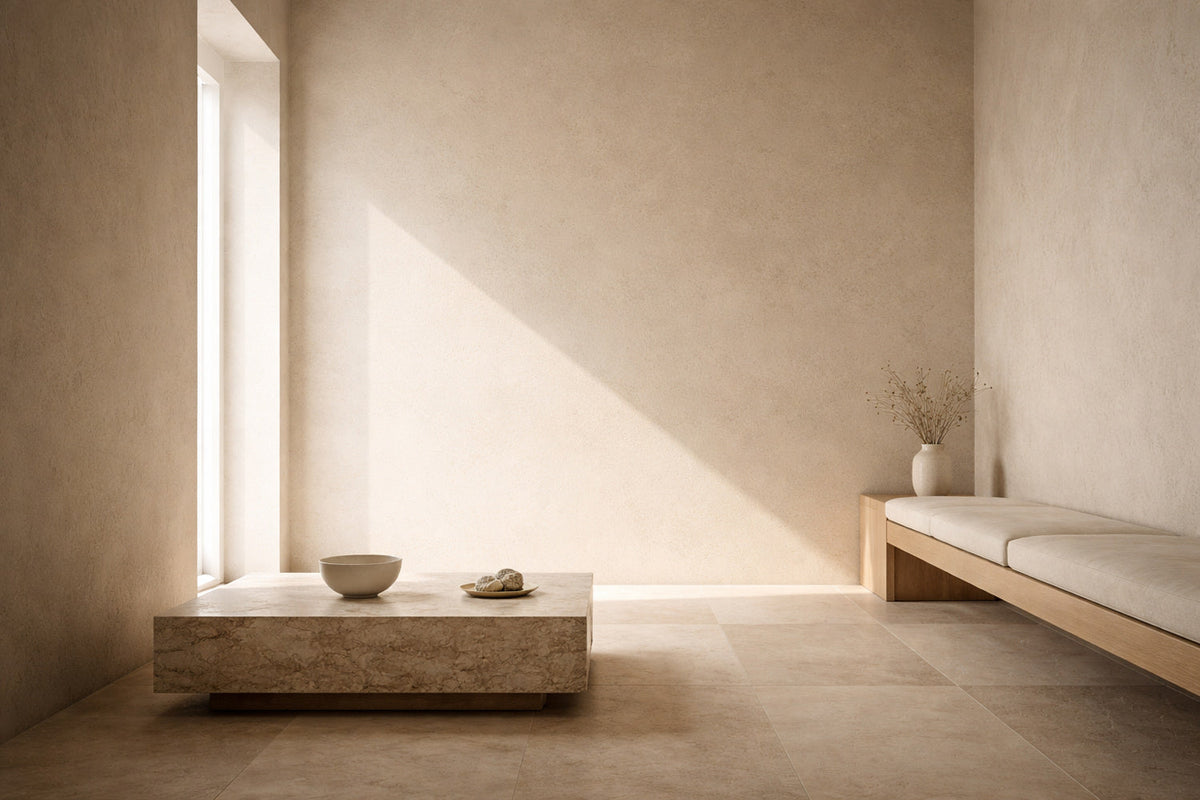 Heller, minimalistischer Innenraum mit warmem Kalkputz, sandfarbenem Steinboden und seitlichem Tageslicht; klare Architektur, reduzierte Möbel, ruhige Schatten, edle Zurückhaltung ohne Dekor.