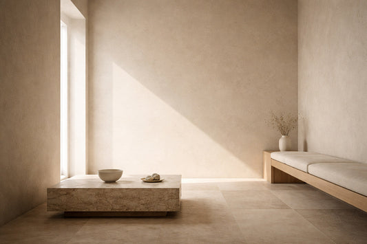 Heller, minimalistischer Innenraum mit warmem Kalkputz, sandfarbenem Steinboden und seitlichem Tageslicht; klare Architektur, reduzierte Möbel, ruhige Schatten, edle Zurückhaltung ohne Dekor.