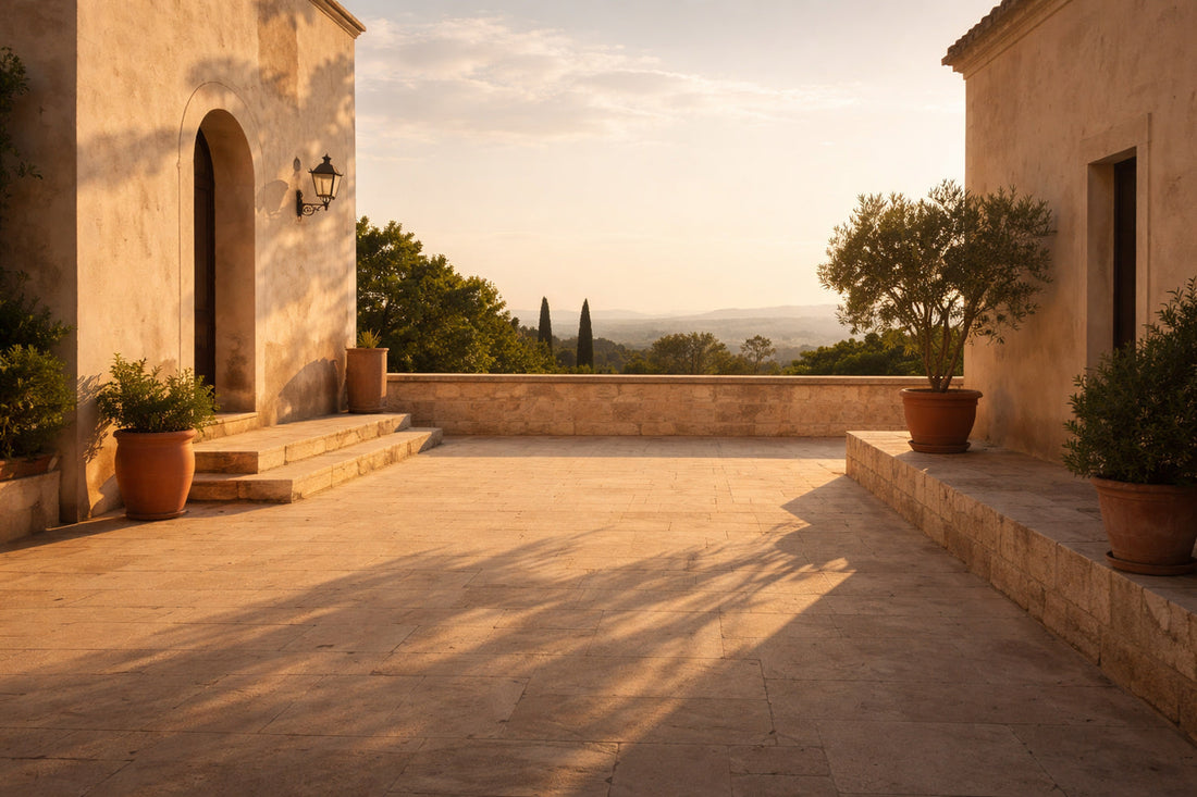 Helle mediterrane Terrasse aus warmem Stein im späten Nachmittagslicht, fast leerer Platz mit niedriger Mauer und Stufen, lange weiche Schatten auf dem Boden, ruhige Architektur aus Putz und Stein