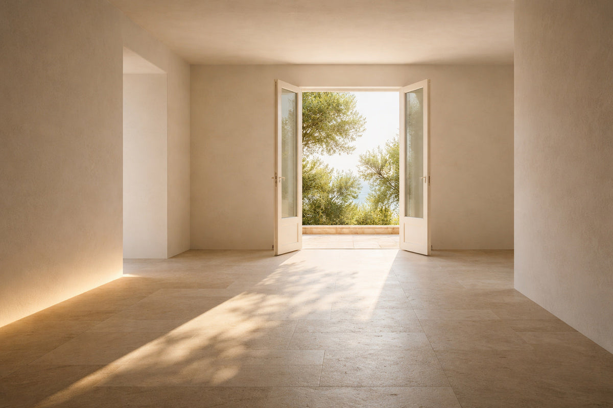 Heller, minimalistischer Innenraum mit offenstehenden Türen nach draußen. Warmes Nachmittagslicht fällt als klare Lichtkante auf einen steinernen Boden, draußen sind Bäume und Himmel sichtbar.