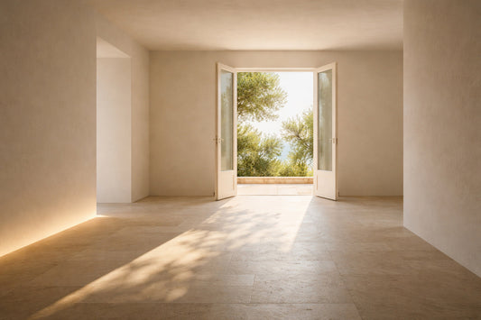 Heller, minimalistischer Innenraum mit offenstehenden Türen nach draußen. Warmes Nachmittagslicht fällt als klare Lichtkante auf einen steinernen Boden, draußen sind Bäume und Himmel sichtbar.