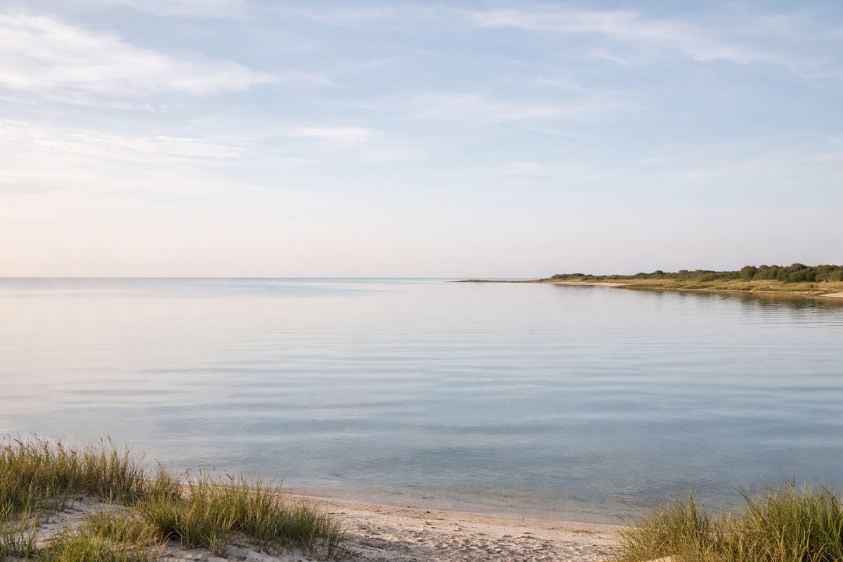 Ruhige Küstenlandschaft mit flachem Horizont, stillem Wasser und hellem Himmel. Das Wasser liegt fast unbewegt, die Küstenlinie zieht sich leise in die Ferne. Keine Menschen, keine Boote,
