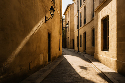 Eine sonnendurchflutete, schmale Gasse in Montpellier mit warmen Sandsteinfassaden, weichen Schatten und einer ruhigen, mediterranen Atmosphäre.