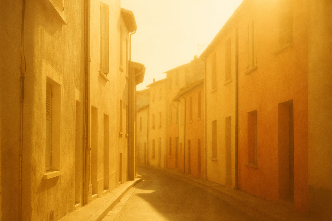Warme mediterrane Gasse in Perpignan im goldenen Nachmittagslicht. Terrakottafarbene Fassaden, weiche Schatten, leicht flirrende Hitze und feiner Staub in der Luft. Ruhige, poetische Atmosphäre.