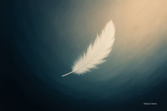 Eine einzelne weiße Feder schwebt im Raum, leicht vom Licht umhüllt – Symbol für Ruhe, Leichtigkeit und den Moment dazwischen.