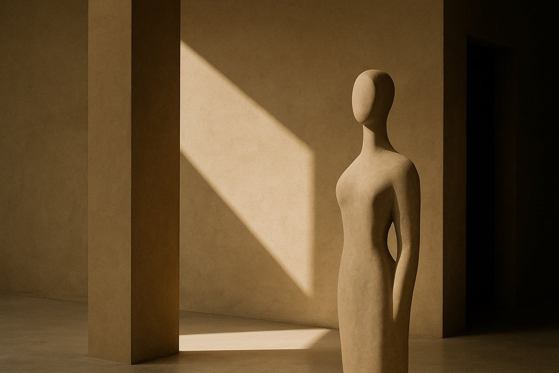 Eine abstrakte, skulpturale Figur aus hellem Stein steht in einem minimalistischen Raum. Warmes Seitenlicht fällt als großes, schräges Dreieck auf die Wand, während ein massiver Pfeiler und ein dunkler Durchgang