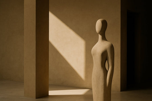 Eine abstrakte, skulpturale Figur aus hellem Stein steht in einem minimalistischen Raum. Warmes Seitenlicht fällt als großes, schräges Dreieck auf die Wand, während ein massiver Pfeiler und ein dunkler Durchgang