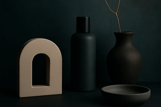 Minimalistische Still-Life-Komposition vor tiefdunklem, mattgrünem Hintergrund: ein sandfarbener Bogen, ein schlanker schwarzer Zylinder, eine dunkle Keramikvase mit einem feinen, verzweigten Ast
