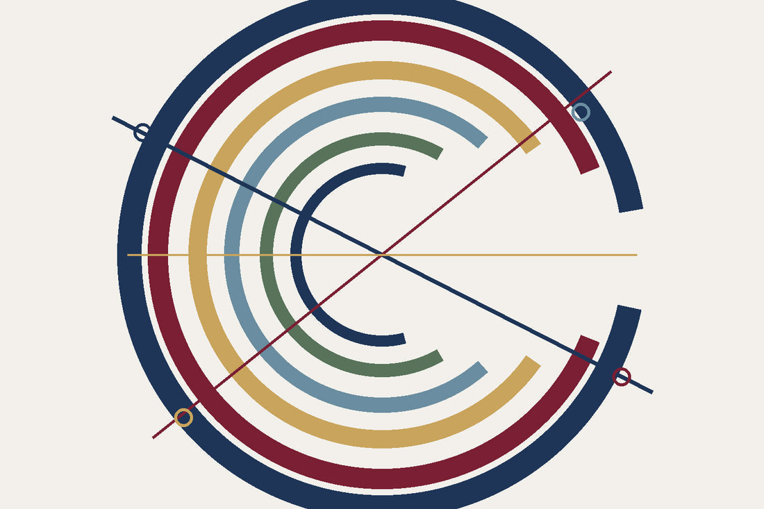 Abstrakte geometrische Linien und Bögen in ruhigen, edlen Farben auf hellem Grund – symbolisch für kreuzende Wege und Zufallsbegegnungen.